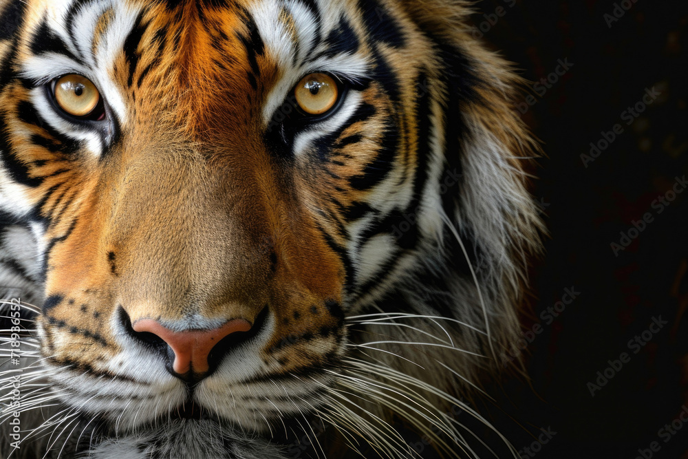 Symmetrical close-up of a tiger's face with soulful eyes, set against a dark background.