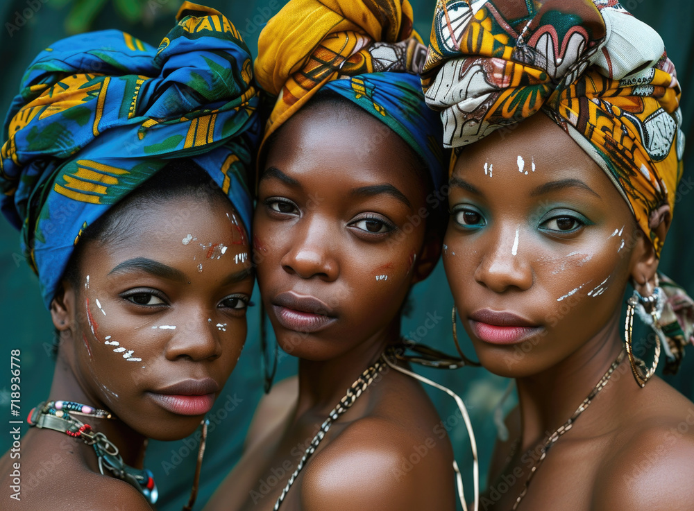 Three women with traditional headwraps and tribal face paint, in shades of blue, green, and gold, exuding cultural beauty and strength. Three women with traditional headwraps and tribal face paint, in shades of blue, green, and gold, exuding cultural beauty and strength.