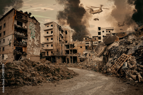 Enemy helicopters above the sky of the destroyed city