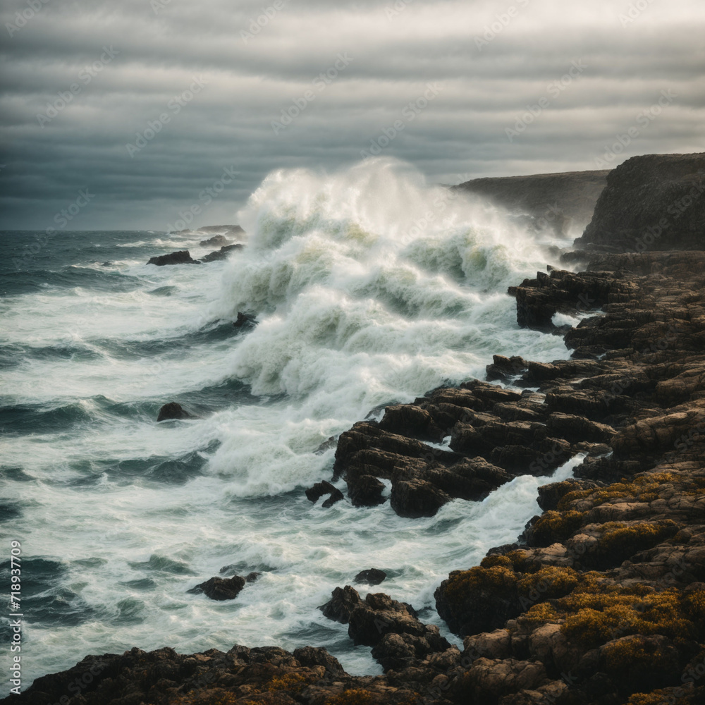 The sea had high waves hitting the coast and the wind was blowing strong.