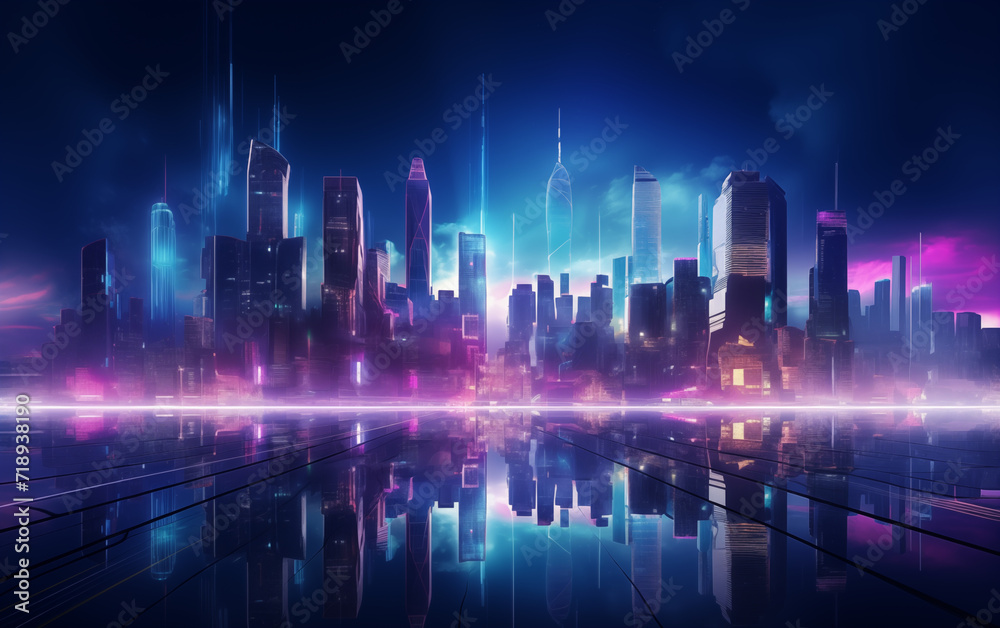 Background illustration of a contemporary cityscape illuminated by vibrant neon lights.