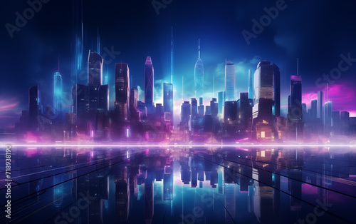 Background illustration of a contemporary cityscape illuminated by vibrant neon lights.