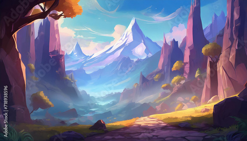 Fantasy game meadows and towering mountains