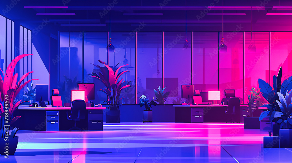 Futuristic Interior Design, Modern Room with Neon Lighting and Abstract Architectural Elements
