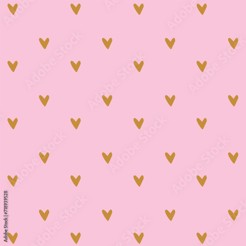 Simple pattern with hand drawn golden hearts on pink background. Cute seamless pattern. Vector illustration.