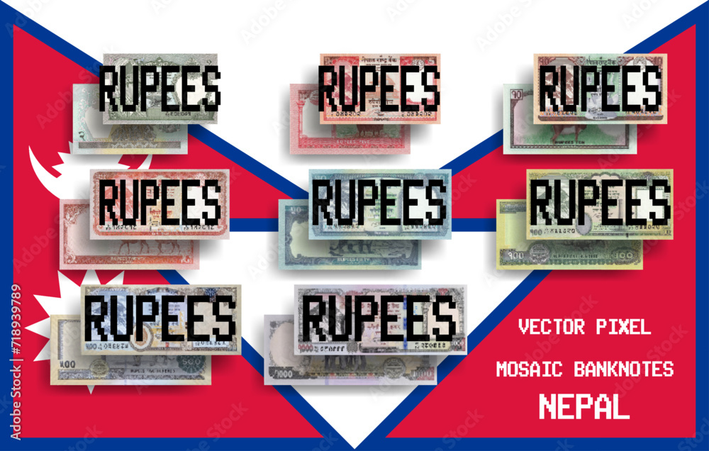 Vector set of pixel mosaic banknotes of Nepal. Collection of notes in ...