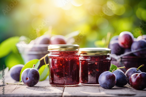Close-up of plum jam and fresh plums in jars on the table against the backdrop of a natural bright garden	
 photo