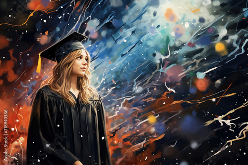 Young girl graduate in bachelor gowns on graduation ceremony at the university. Abstract fantasy about the future of college or high school graduates. photo