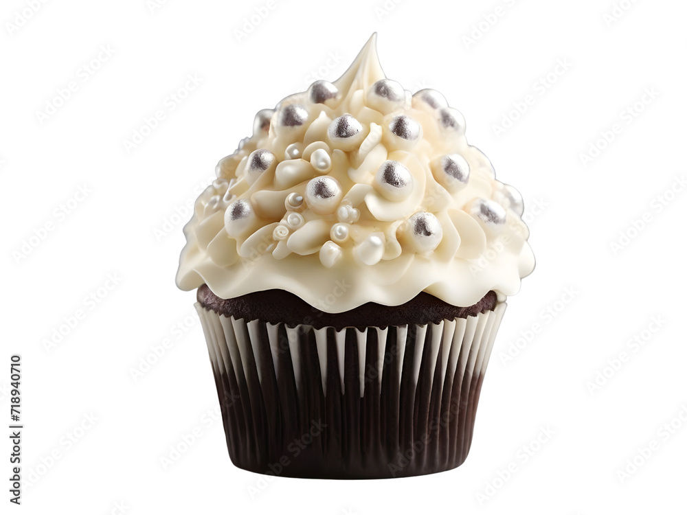 Chocolate cupcake with whipped cream and pearl decoration on a transparent background. Chocolate cupcake with whipped cream and pearl decoration on a transparent background.