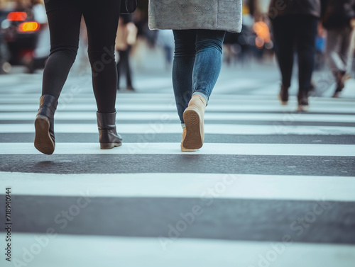 crowd of people crossing the street on a crosswalk, People's feet walking on a cold day, wearing boots, ground-level view of shoes