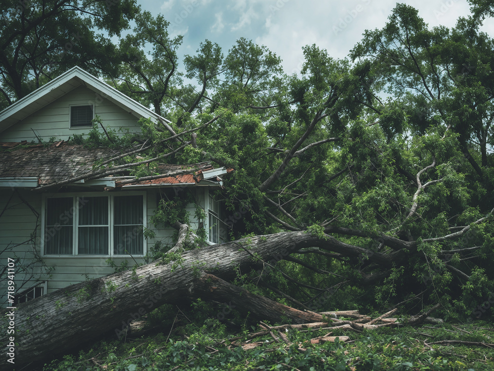 Big tree fallen over a house after a hurricane / storm and causing destruction. Summer or spring season Big tree fallen over a house after a hurricane / storm and causing destruction. Summer or spring season