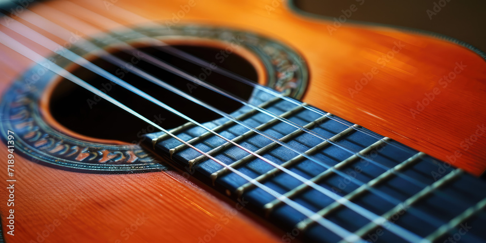 Close-Up of Acoustic Guitar with Decorative Inlay. Macro view of guitar strings and sound hole, vibrant wooden texture. Close-Up of Acoustic Guitar with Decorative Inlay. Macro view of guitar strings and sound hole, vibrant wooden texture.