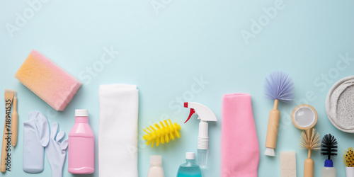Cleaning products style border design with ballet, sponge, disinfectant spray and brushes on pale blue background. Hygiene and housework on surface with space to place text.