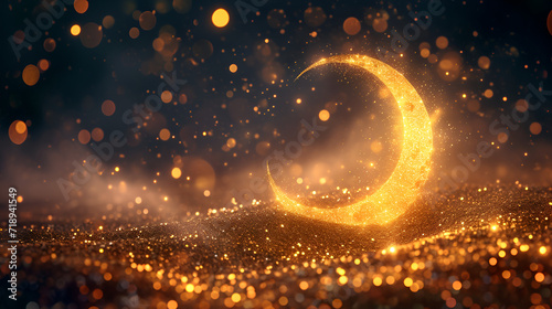 Ramadan Kareem - Moon On Shiny Glitter With Abstract Defocused Lights. generative ai