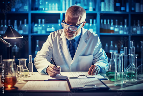 Middle-aged man in a white coat sits at a desk and takes notes. The chemist writes down the results of his research.