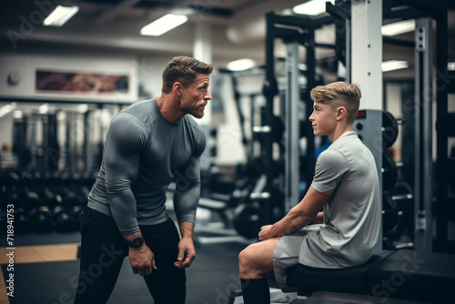 Middle-aged man and a teenager in sportswear are talking in the gym. A coach instructs his student during training. Father and son play sports together. photo
