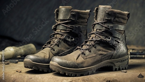 Heavy-duty combat boots for exploring post-apocalyptic landscapes, equipped with survival tools Generative AI