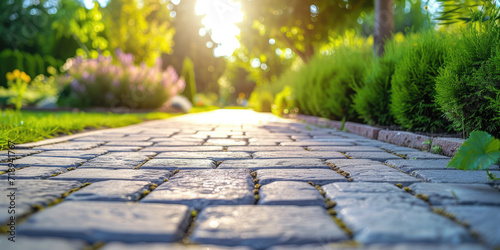 Close-Up of Paved Stone Pathway. A detailed view of a stone-paved path texture, hinting at a journey. photo