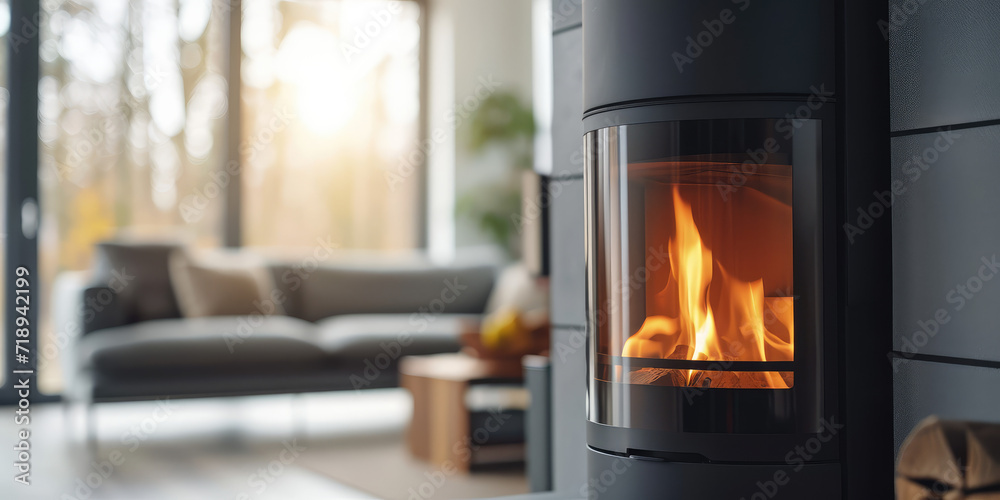 Cozy Indoor Bioethanol Fireplace. Modern bioethanol fireplace in a minimalist room at dusk. Cozy Indoor Bioethanol Fireplace. Modern bioethanol fireplace in a minimalist room at dusk.
