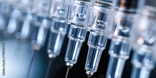 Medical Glass Ampoules in Close-Up.  Transparent medical ampoules on reflective surface with a needle and a vaccination drug.