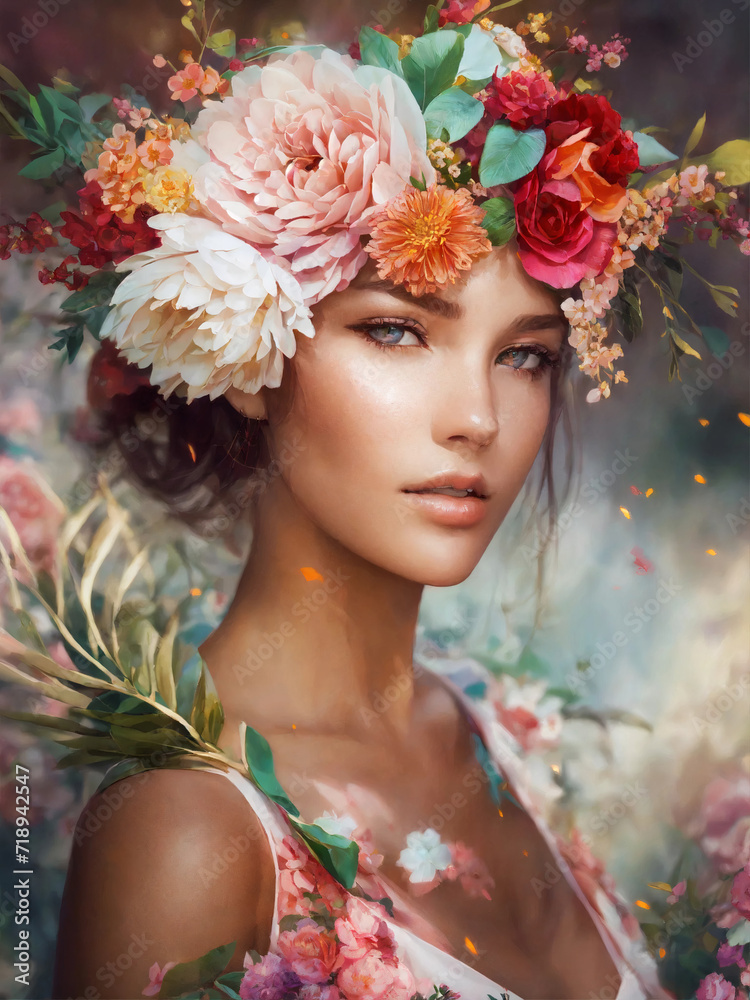 portrait of a woman with flowers on her head portrait of a woman with flowers on her head