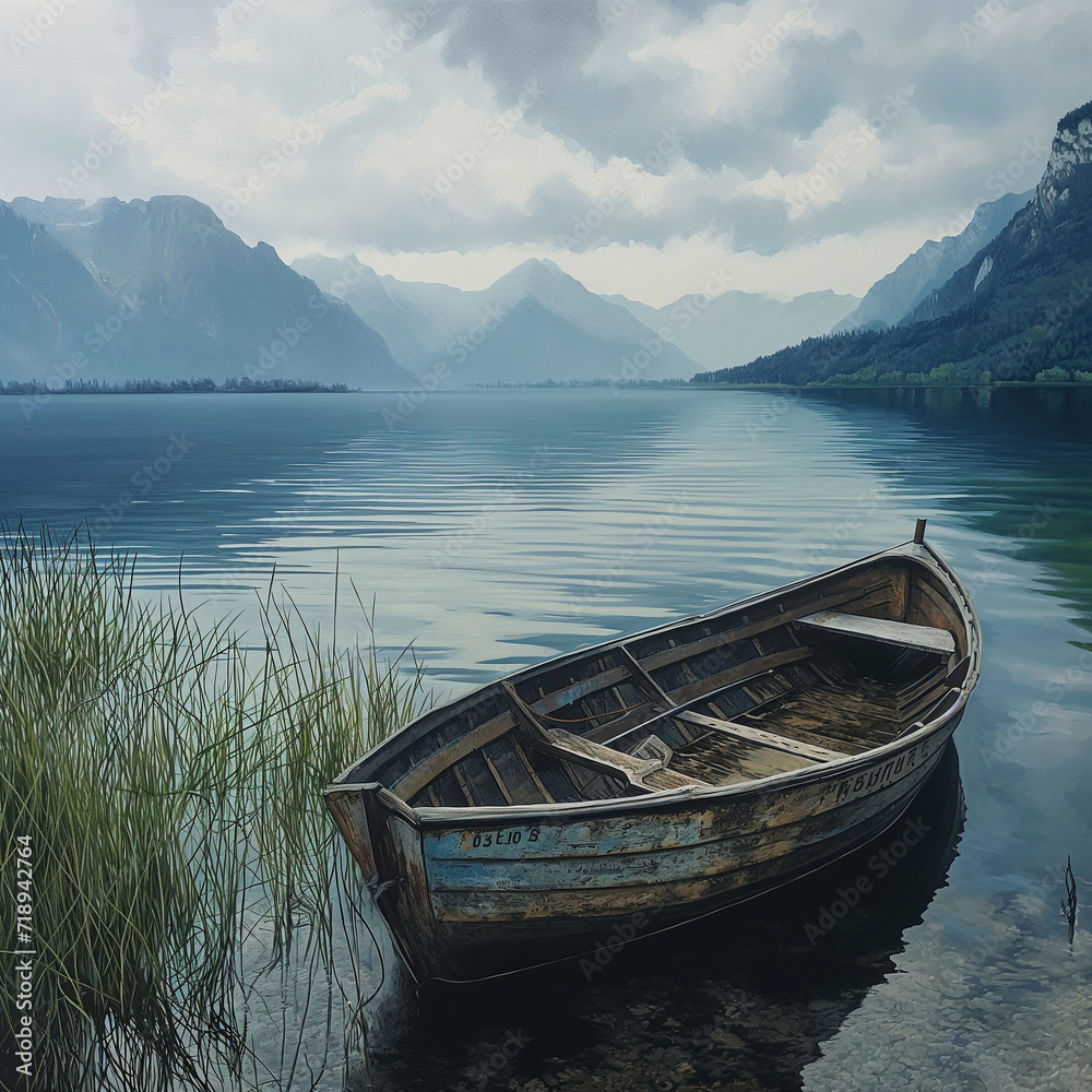 A stunning photorealistic illustration portraying a boat gently gliding across the pristine waters of a mountain lake
