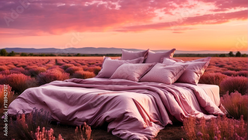 double bed with pink blankets and sheets outdoors in a purple lavender field photo