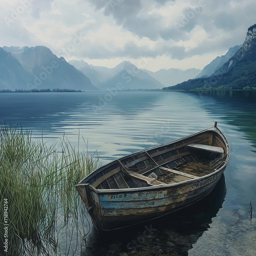 A stunning photorealistic illustration portraying a boat gently gliding across the pristine waters of a mountain lake