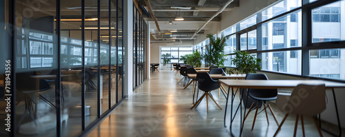 Panoramic blurred modern office interiors, arge open office space with a lot of windows and a few potted plants photo