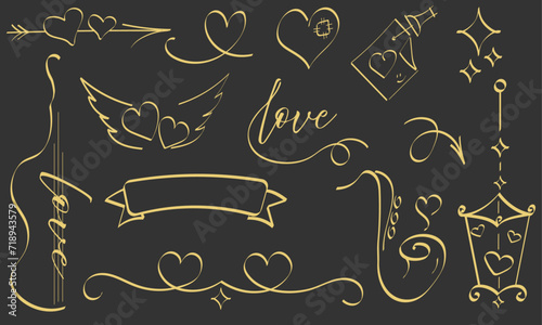 Set of Doodle, Valentine's Day, Wedding, Marriage, Romantic Elements, Decorative Icon, Hand Draw, Sketch, Line, Holiday, Vintage, Linar Collection Decoration, Isolated, Gold, Vector Illustration photo