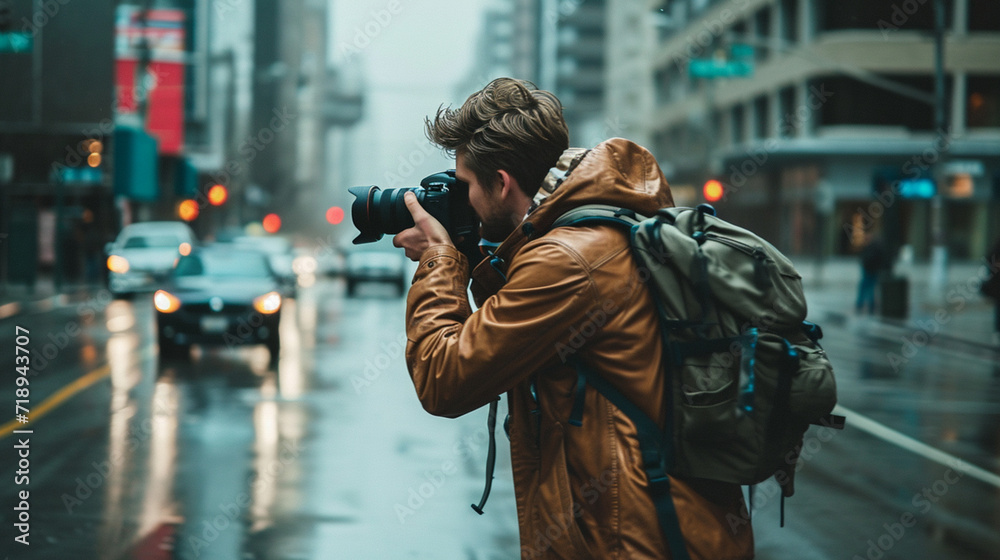 Photography and Media, A photographer capturing images in an urban setting, with a camera and various lenses. Photography and Media, A photographer capturing images in an urban setting, with a camera and various lenses.