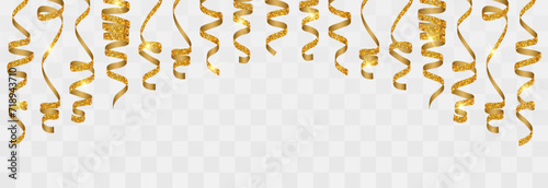 Realistic gold spiral serpentine isolated on png background. Vector luxury serpentine pieces. Set of curly ribbons, festive decor elements for party, birthday, holiday, greeting cards photo