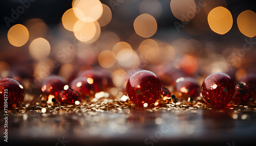 Christmas background with red balls and golden bokeh lights. shallow depth of field