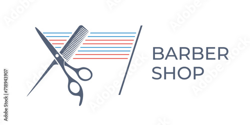 Barber, barbershop, hairdressing, hairdresser, coiffeur, haircutter. Business card.Logo.Scissors, having brush, razor, hair dryer,comb, straight razor, hair clipper. Flat vector illustration. Isolated