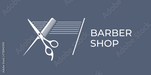 Barber, barbershop, hairdressing, hairdresser, coiffeur, haircutter. Business card.Logo.Scissors, having brush, razor, hair dryer,comb, straight razor, hair clipper. Flat vector illustration. Isolated