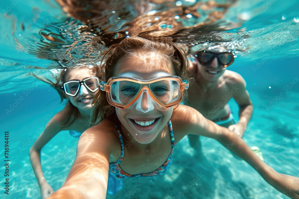 Fototapeta premium Selfie de familia con niños en sus vacaciones en la playa con un paisaje espectacular