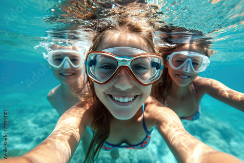 Selfie de familia con niños en sus vacaciones en la playa con un paisaje espectacular