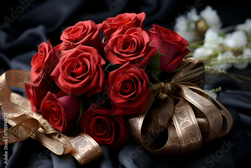 Bouquet of red roses with gold ribbon on black background. photo