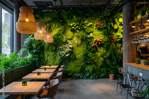 Eco-Friendly Elegance: Moss-Decorated Cafe Interior Design. Generative AI photo