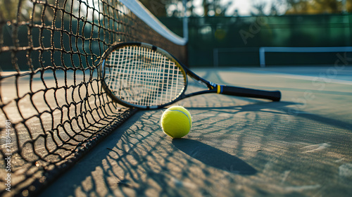 Tennis racket, ball on court. AI generated © masanyanka