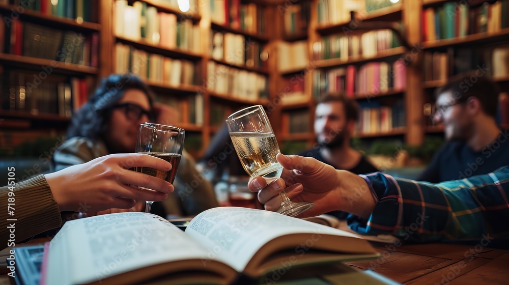 Friends Toasting with Books in Background - obrazy, fototapety, plakaty 