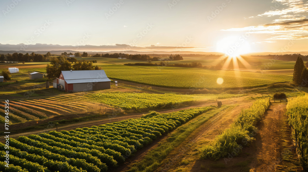 A serene rural landscape bathed in golden sunrise with lush green vineyards in the foreground and farm buildings in the distance.	