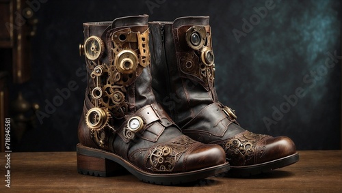 Steampunk-inspired leather boots with gears and steam valves, suitable for an inventor's workshop Generative AI