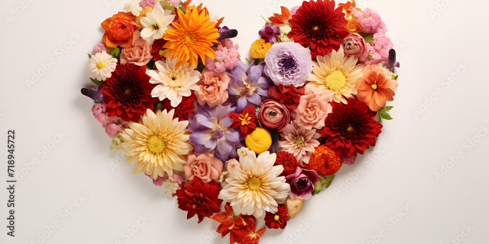 Heart made of beautiful flowers on light background Bouquet of flowers in the shape of a heart Ai generative
