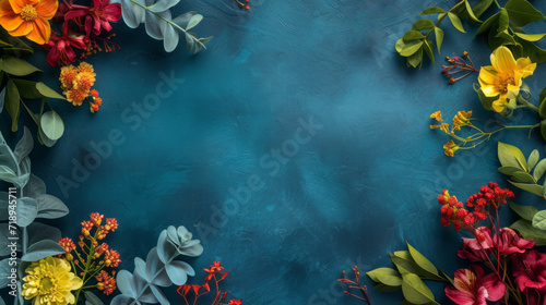 Flat lay top view multicolour flowers, isolated on a petrol blue background for Valentine's Day, International Women's Day, Mother's Day card or background, or a wedding invitation © Jovana