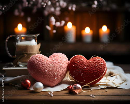 Romantic still life with red heart and candles on wooden background. photo