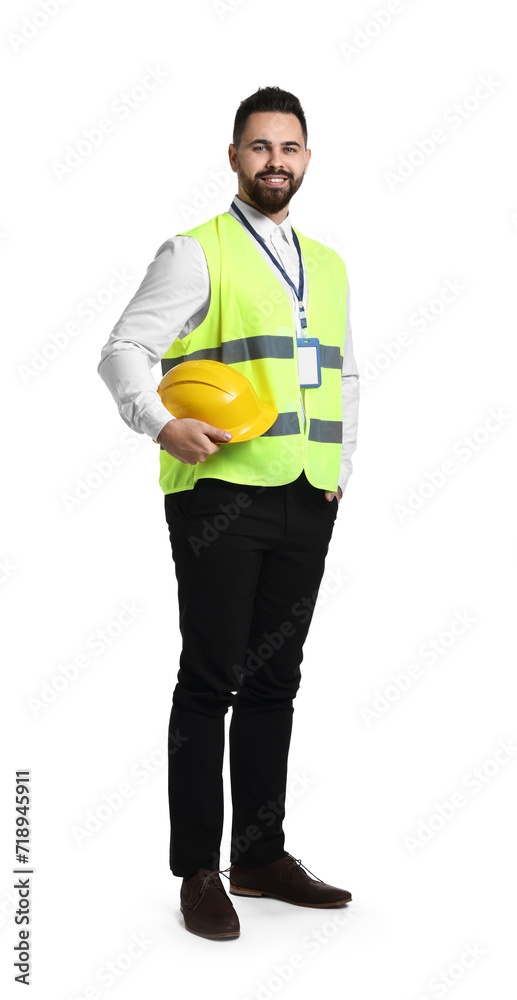 Engineer with hard hat and badge on white background Engineer with hard hat and badge on white background