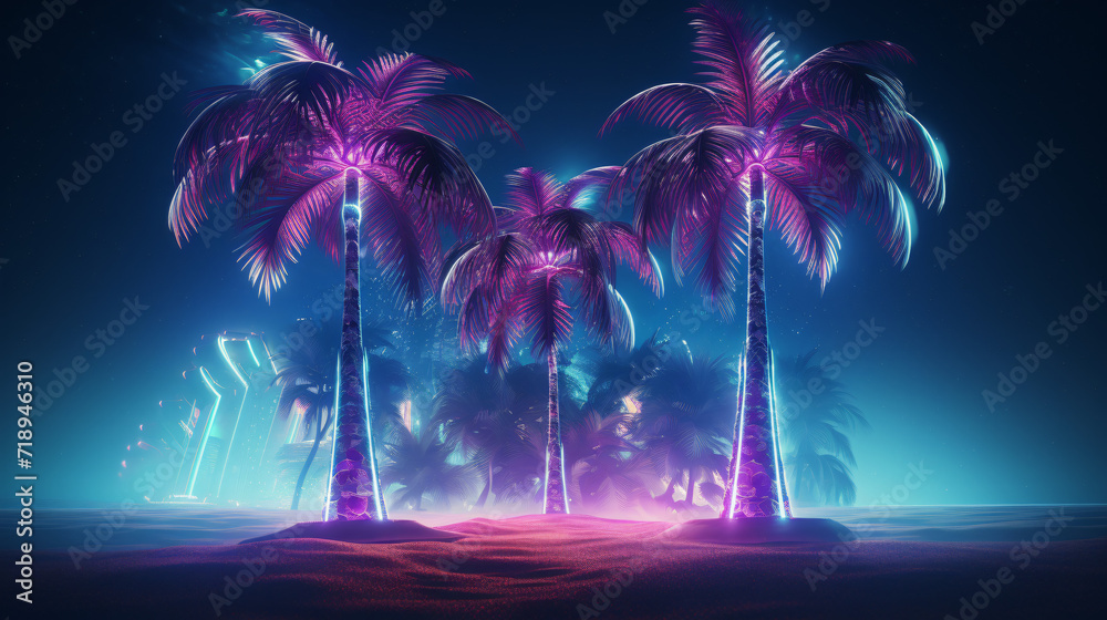 3d render party party three palm trees shiny cyberpunk