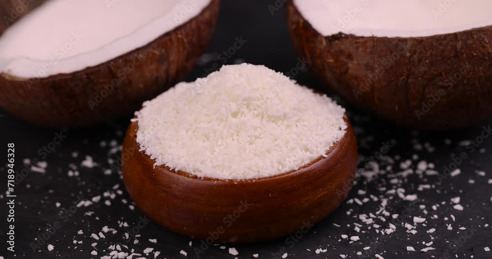 dry white coconut chips for adding to desserts, finely chopped coconut pulp dried in sugar syrup dry white coconut chips for adding to desserts, finely chopped coconut pulp dried in sugar syrup