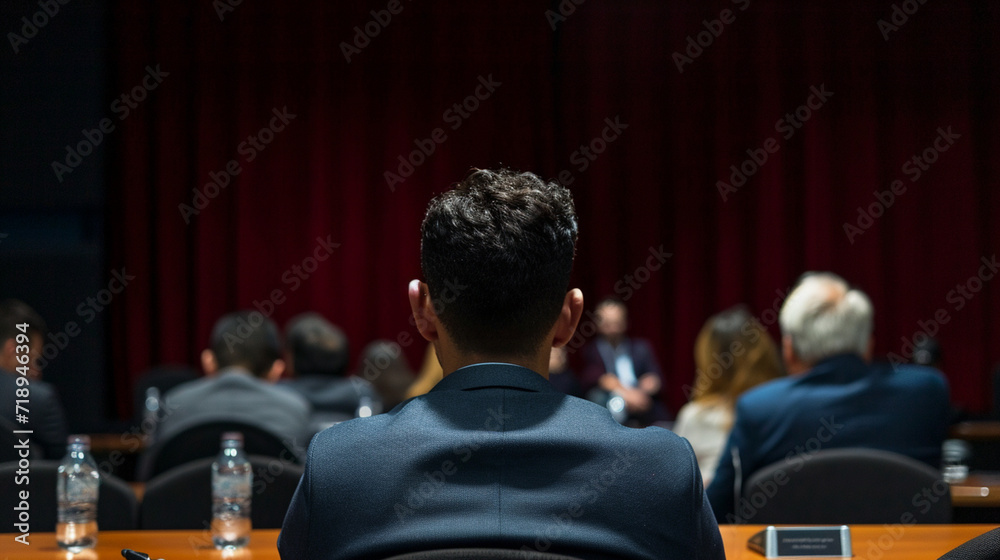 Photograph from over the candidate's shoulder, giving a view of what they see: a panel of interviewers, emphasizing the pressure of the situation Photograph from over the candidate's shoulder, giving a view of what they see: a panel of interviewers, emphasizing the pressure of the situation